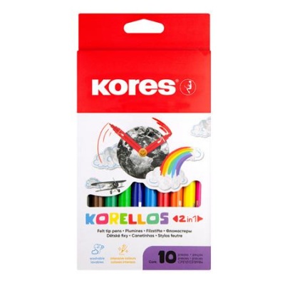 Filctoll készlet, 1-3 mm, kimosható, KORES "Korellos 2in1", 10 különböző szín